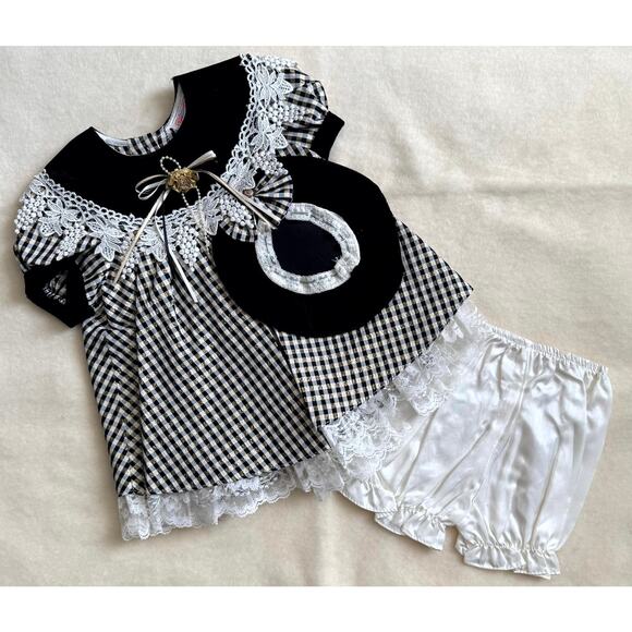 Vintage 90s Joy Kid Dress Set Girls 18M Black White Gold Check Lace Bow Hat - Picture 1 of 10